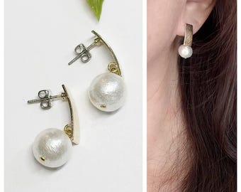 Cotton Pearl (10mm) Gold Plated Earrings / Wedding Jewelry / Bridal / Gift