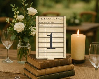 Book-Themed Table Number Card – Editable Library Card Style (Digital Download, Canva Template)