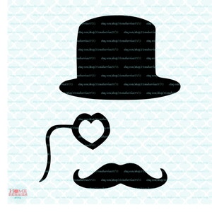 Può includere: Silhouette in bianco e nero di un viso da gentiluomo con un cappello a cilindro, baffi e monoccolo a forma di cuore.