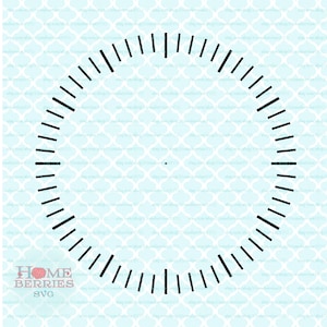 May include: Black and white clock face with 60 minute marks. The clock face is isolated on a light blue background.