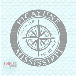 Picayune Mississippi Hometown Home Compass Rose Latitude Longitude Nautical Coordinates svg dxf eps ai cut files for Cricut Silhouette