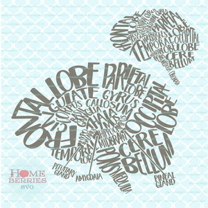 May include: A gray word cloud illustration of the human brain with the names of the different parts of the brain, including the frontal lobe, parietal lobe, temporal lobe, occipital lobe, cerebellum, brainstem, thalamus, hypothalamus, hippocampus, amygdala, pituitary gland, and pineal gland.