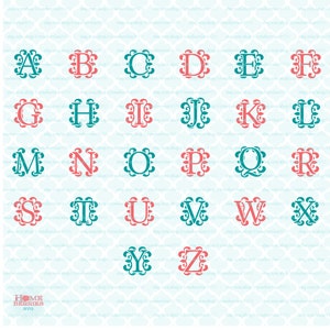 May include: A set of 26 alphabet letters in a decorative font. The letters are in a teal and coral color scheme. The letters are outlined in a decorative, swirling pattern.