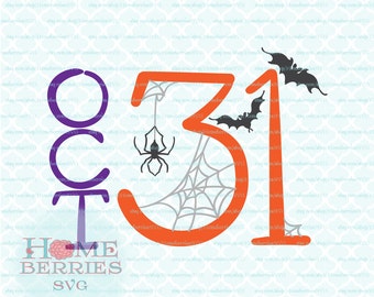 May include: Purple and orange Halloween design with the text "OCT 31" and a spider web with a spider and bats. The design also includes the text "HOME BERRIES SVG".