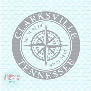 Clarksville Tennessee woonplaats huis kompasroos breedtegraad lengtegraad nautische coördinaten svg dxf eps ai gesneden bestanden voor Cricut Silhouette