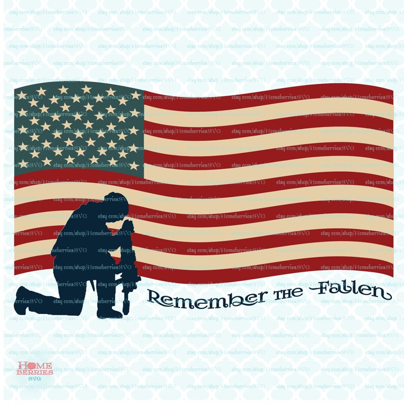 May include: A silhouette of a person kneeling in prayer in front of an American flag. The flag is red, white, and blue and has a wave pattern. The text "Remember the Fallen" is written below the flag.
