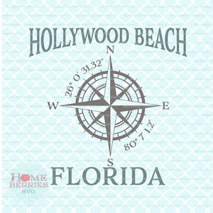 Hollywood Beach Florida FL Heimatstadt Urlaub Home Kompass Rose Breitengrad Nautische Svg Dxf Eps ai geschnitten Dateien für Cricut Silhouette