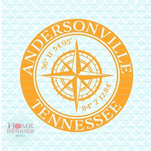 Andersonville Tennessee Heimatstadt TN Home Kompass Rose Breitengrad Nautische Lage Svg Dxf eps ai geschnitten Dateien für Cricut Silhouette