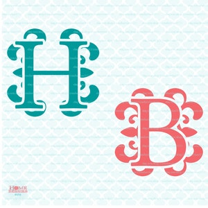 May include: Two monogram letters, H and B, in a decorative font. The letter H is teal blue and the letter B is coral pink.