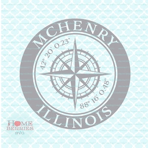 McHenry Illinois Hometown Home Compass Rose Latitude Longitude Nautical Coördinaten svg dxf eps ai cut bestanden voor Cricut Silhouette