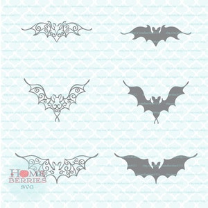 May include: Four different designs of bats, two with intricate details and two with a simple silhouette. The bats are gray and are set against a light blue background with a repeating pattern.