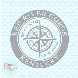 May include: A gray compass with a blue background inside a gray circle with the text "RED RIVER GORGE KENTUCKY" and the coordinates "37° 48' 50.03" and "83° 37' 40.43".