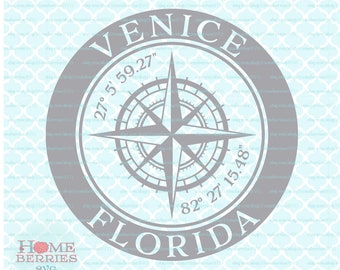 Venice Florida Hometown Home Compass Rose Latitude Longitude Nautical Coordinates svg dxf eps ai cut files for Cricut Silhouette