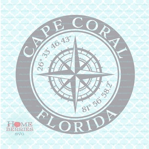 Cape Coral Florida Heimatstadt Kompass Rose Breitengrad Längengrad Nautische Koordinaten svg dxf eps ai Dateien für Cricut Silhouette schneiden