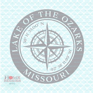 See der Ozarks Missouri Kompass Rose Nautical Location Koordinaten Breitengrad Länge GPS Home MO Hometown svg dxf eps ai png Dateien