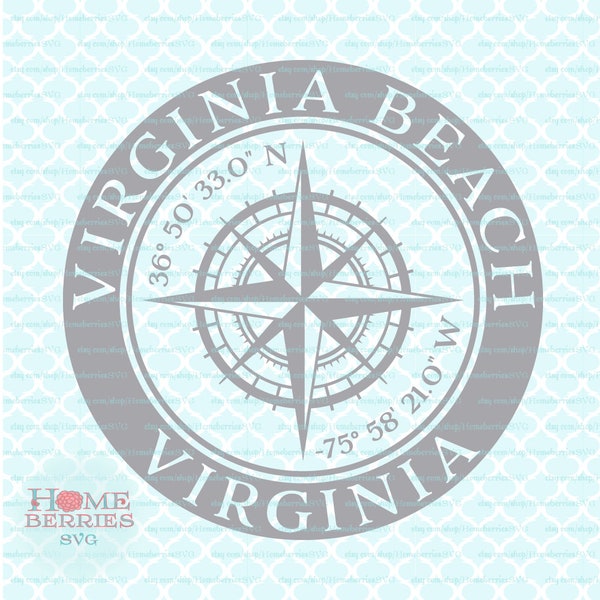 Virginia Beach Virginia VA Hometown Compass Rose Latitude Longitude Nautical Location Home Coordinates svg dxf eps ai png cut files