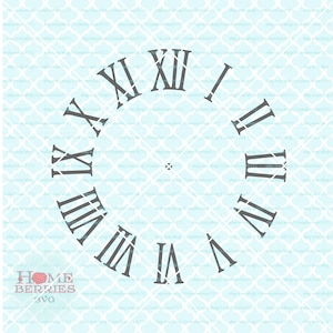 May include: A clock face with Roman numeral markings on a light blue background. The numbers are in black and the background has a subtle pattern.
