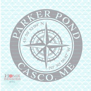 Parker Pond Casco Maine Home ME Nautik Lage Breitengrad Längengrad Heimatstadt Kompass Rose Koordinaten svg dxf eps ai geschnitten Dateien
