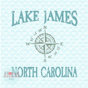 May include: A blue and white compass rose with the text "LAKE JAMES NORTH CAROLINA" and the coordinates "35° 4.4 38" N" and "81° 50' 13" E".
