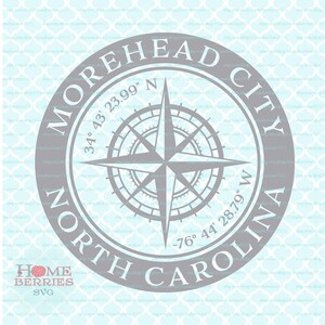 May include: A gray circular design featuring the text "MOREHEAD CITY NORTH CAROLINA" and a compass rose. Coordinates 34° 43' 23.99" N and -76° 44' 28.79" W are also included. The design includes the text "HOME BERRIES SVG".