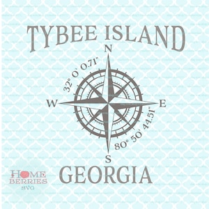 Tybee Island, Géorgie, ville natale, rose des vents, latitude, longitude, coordonnées nautiques, svg dxf eps ai, coupe des fichiers pour Cricut Silhouette