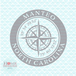 Puede incluir: Una brújula gris con una estrella blanca en el centro. La brújula está rodeada de un círculo gris con el texto "MANTEO NORTH CAROLINA" y las coordenadas "35° 54' 29.52" y "75° 40' 32.52".