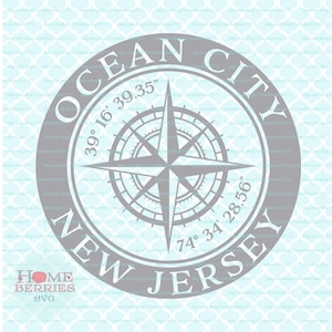 May include: A gray circle with a compass rose and the text "OCEAN CITY NEW JERSEY" with the coordinates "39° 16' 39.35" and "74° 34' 28.56".