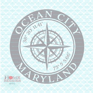 Ocean City Maryland Heimatstadt Kompass Rose Breitengrad Längengrad Nautische Koordinaten svg dxf eps ai Dateien für Cricut Silhouette