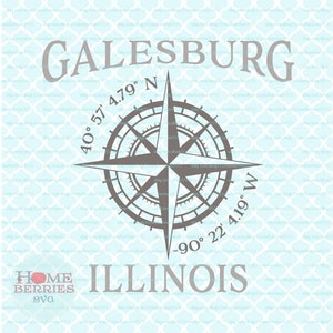 Galesburg Illinois IL Ville natale Boussole Rose Latitude Longitude Lieu nautique Accueil Coordonnées svg dxf eps ai png coupe fichiers