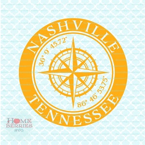 Nashville Tennessee Hometown Home Compass Rose Latitude Longitude Nautical Coördinaten svg dxf eps ai cut bestanden voor Cricut Silhouette