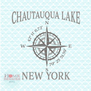Chautauqua Lake New York ville natale rose des vents Latitude Longitude coordonnées nautiques svg dxf eps ai couper des fichiers pour Cricut Silhouette
