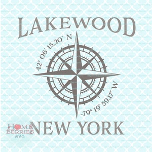 Lakewood New York Home Zustand Heimatstadt Kompass Rose Breitengrad Längengrad Nautische GPS Koordinaten svg dxf eps png ai geschnitten Dateien
