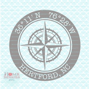 Hertford North Carolina Latitude Longitude NC Home Hometown Compass Rose GPS Coordinates Nautical Location svg dxf eps ai png cut files
