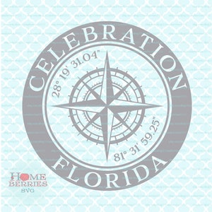 Celebration Florida Nautical Location GPS Koordinaten Kompass Rose Latitude Longitude svg dxf eps jpg ai dateien für Cricut Silhouette
