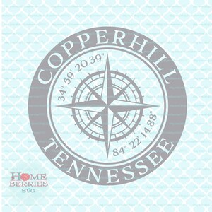 Copperhill Tennessee Hometown coördineert Home Compass Rose Latitude Longitude Nautical svg dxf eps ai cut bestanden voor Cricut Silhouette