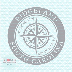 Ridgeland Caroline du Sud Accueil Coordonnées Ville Natale Latitude Longitude Boussole Rose GPS svg dxf ai eps png fichiers pour Cricut Silhouette