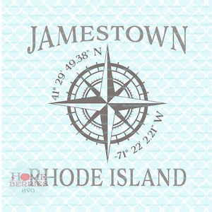 Jamestown Rhode Island RI État d'origine Ville natale Boussole Rose Latitude Longitude Nautique GPS Coordonnées svg dxf eps png ai coupe fichiers
