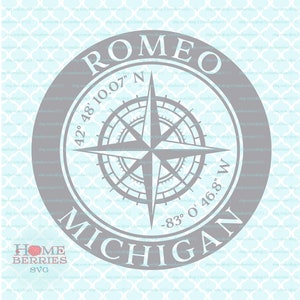Romeo Michigan Hometown Compass Rose Latitude Longitude Nautical Location Home Coordinates svg dxf eps ai png cut files