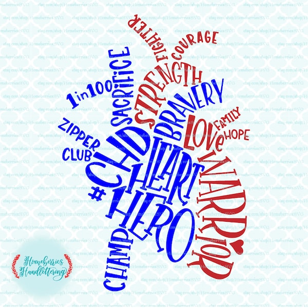 Hand Lettered CHD Anatomical Heart Typography Heart Hero Warrior 1 in 100 Zipper Club svg dxf eps jpg ai cut files for Cricut Silhouette