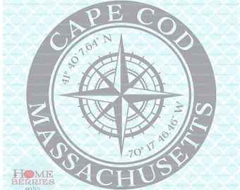 Cape Cod Massachusetts Nautical Location Latitude Longitude Compass Rose Hometown Home Coordinates svg dxf eps ai cut files