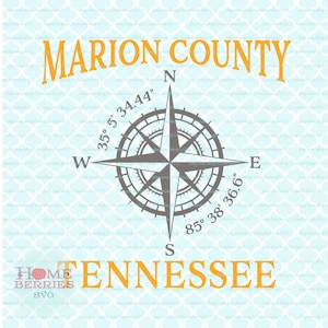 Marion County Tennessee Hometown Home Compass Rose Latitude Longitude Nautical Coördinaten svg dxf eps ai cut bestanden voor Cricut Silhouette