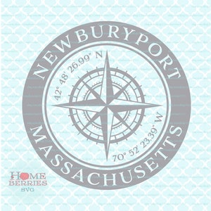 Newburyport Massachusetts Latitude Longitude Nautical Location Compass Rose GPS Koordinaten MA Hometown Home svg dxf eps ai png cut files