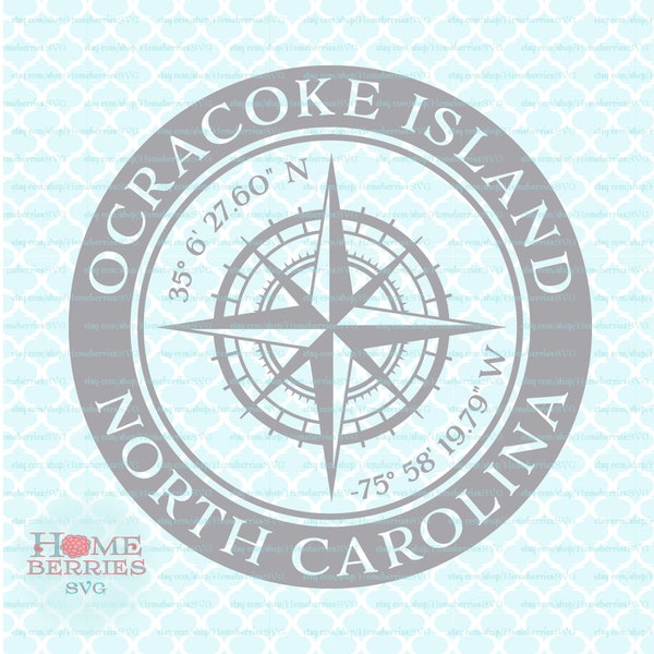 Ocracoke Island North Carolina Nautical Coordinates Compass Rose Location Latitude Longitude svg dxf eps jpg png ai files