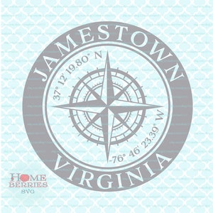 Jamestown Virginia VA Heimatstadt Kompass Rose Breitengrad Längengrad Nautische Lage Heimat Koordinaten svg dxf eps ai png geschnitten Dateien