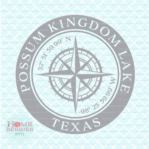 Possum Kingdom Lake Texas TX Cidade natal Casa Rosa dos ventos Latitude Longitude Coordenadas náuticas svg dxf eps ai png arquivos de corte
