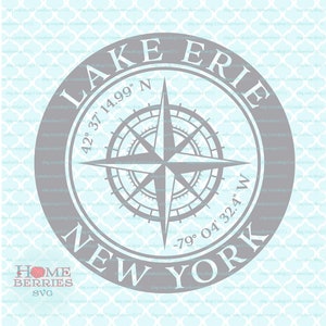 Lac Érié New York Hometown Home Compass Rose Latitude Longitude Coordonnées nautiques svg dxf eps ai png fichiers coupés