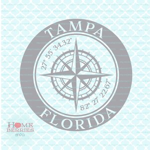 Tampa Florida FL Maison de vacances Compass Rose Latitude Longitude Coordonnées nautiques svg dxf eps ai fichiers coupés pour Cricut Silhouette