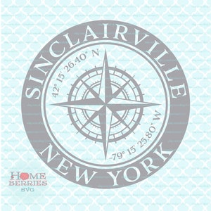 Sinclairville New York Hometown Home Compass Rose Latitude Longitude Coordonnées nautiques svg dxf eps ai png fichiers coupés