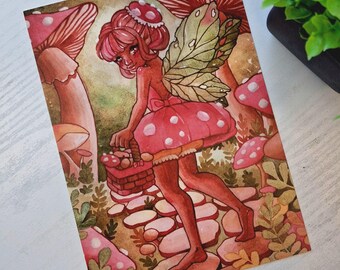Stampa artistica della Fata Fungo - Illustrazione fantastica e stravagante 5x7 - Opera d'arte fiabesca