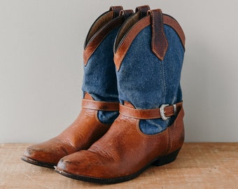 Vintage Frye Brown Leather & Denim Cowboy Boots with Silver Buckles | Women's Size 6.5